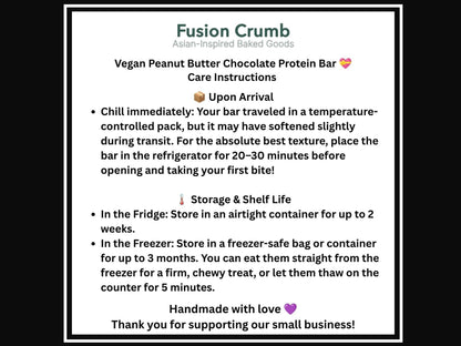 A text-based care instructions card for a Fusion Crumb vegan peanut butter chocolate protein bar, showing product details, storage instructions, and a thank you message on a white background with a black border.