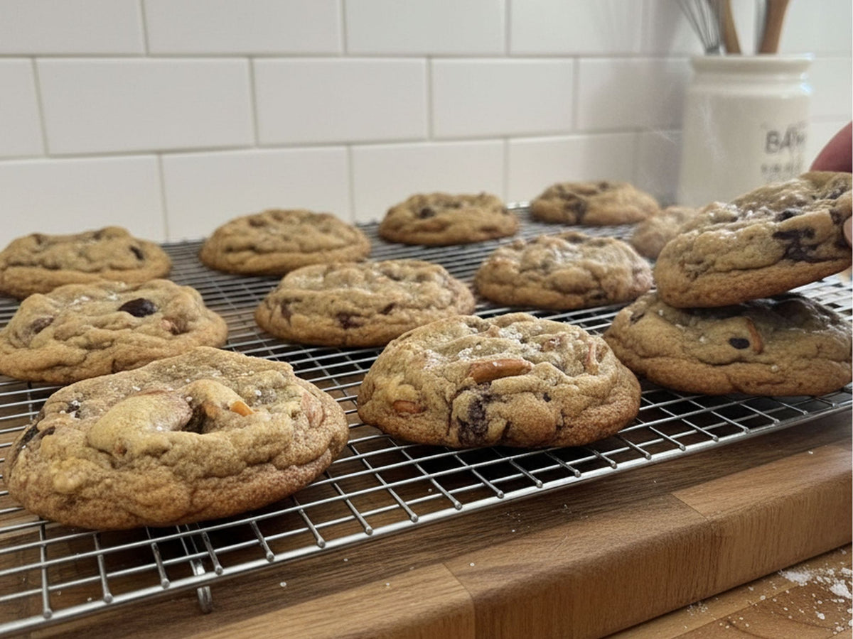 Several large salty peanut butter cups chocolate chip cookies with pretzels  cooling on a metal wire rack in a kitchen setting with a white subway tile backsplash.