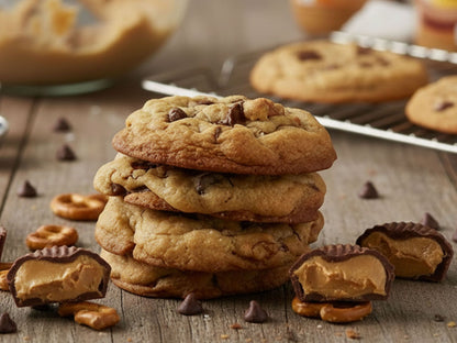 A stack of golden-brown salty peanut butter chocolate chip with pretzell cookies on a rustic wooden table, surrounded by pretzels, chocolate chips. More cookies are visible on a cooling rack in the softly blurred background.