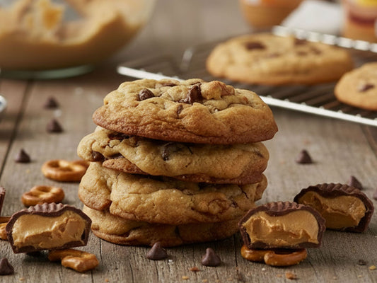 A stack of golden-brown salty peanut butter chocolate chip with pretzell cookies on a rustic wooden table, surrounded by pretzels, chocolate chips. More cookies are visible on a cooling rack in the softly blurred background.
