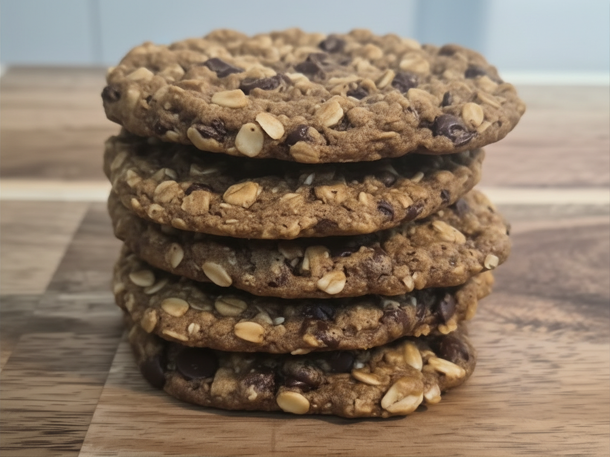 A stack of five thick oatmeal cookies with visible oats, chocolate chips, and nuts, photographed on a wooden surface.