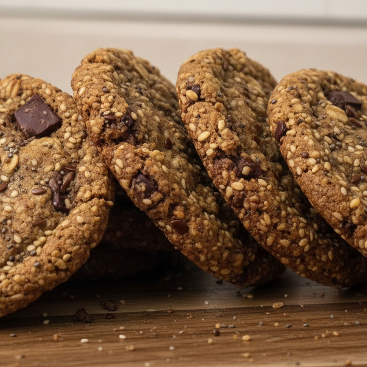 Close-up of several vegan steel oat chocolate chip oatmeal cookies stacked on a wooden surface, with visible chocolate chunks, oats, and sesame seeds.