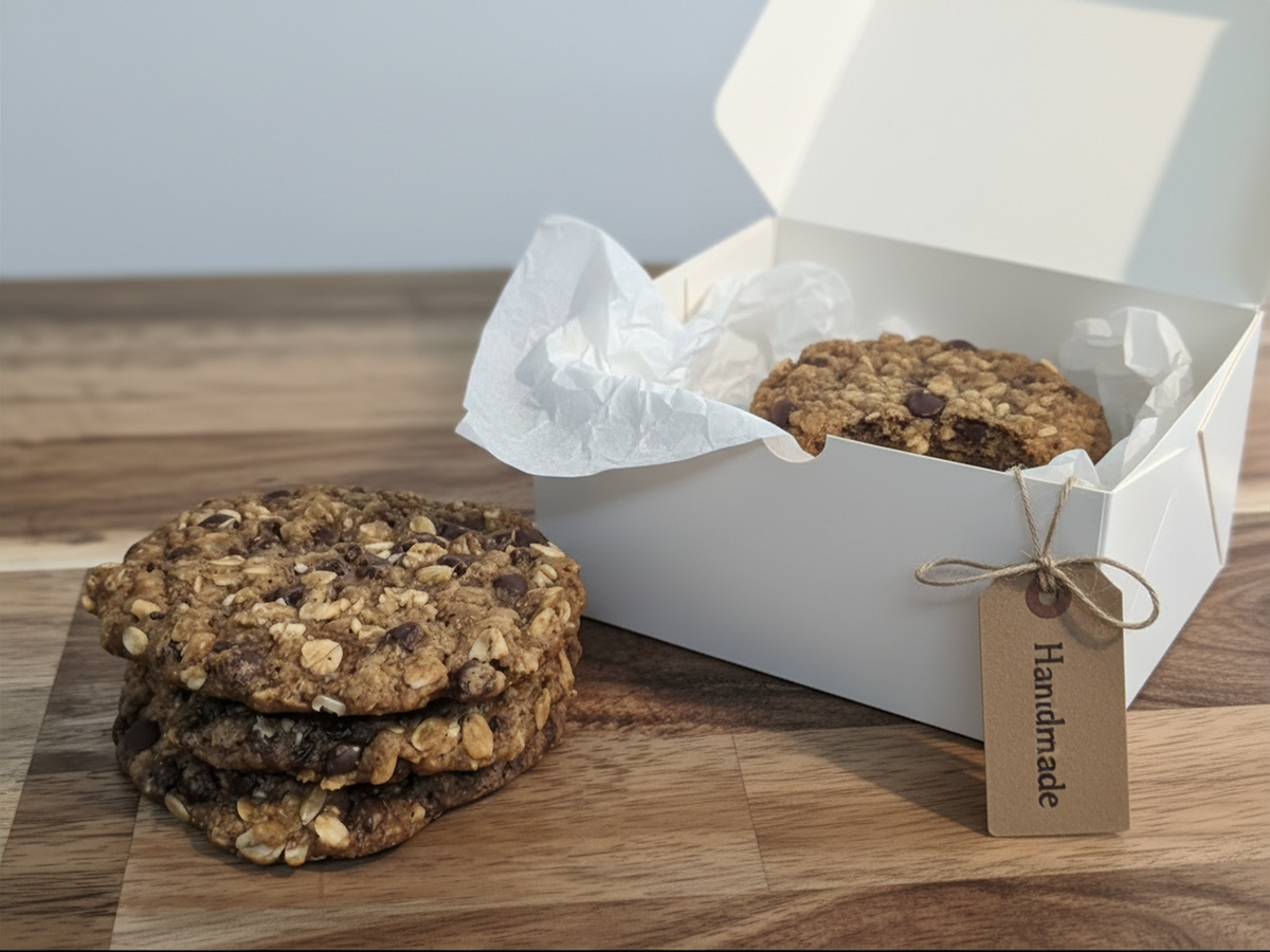 A stack of chocolate chip oatmeal cookies sits on a wooden board next to an open white gift box containing another cookie, with a kraft paper tag that reads 'Handmade'.
