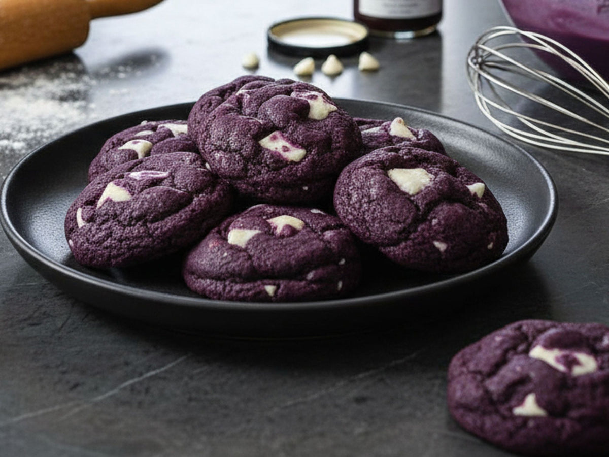 A pile of ube cookies with white chocolate chip cookies with white chocolate chunks on a black plate, set on a dark tabletop with baking props in the background.