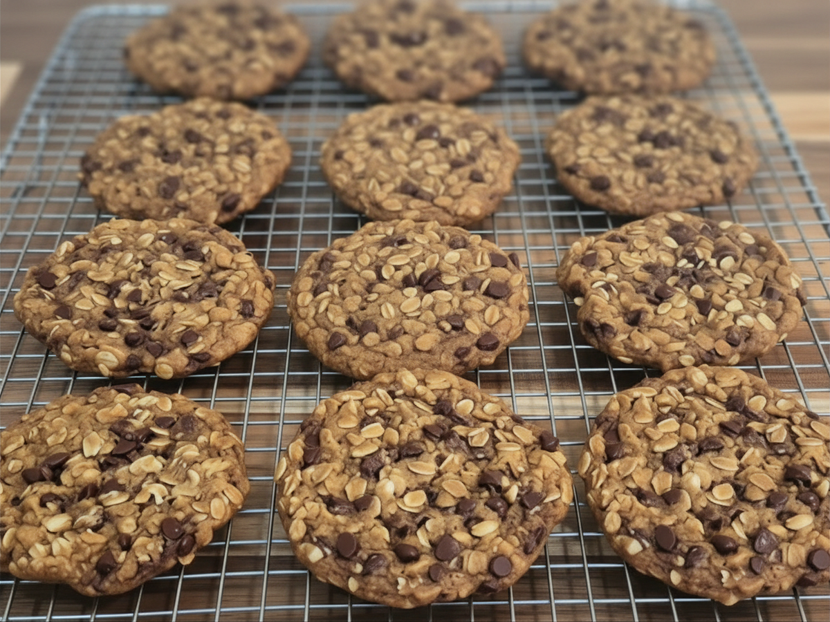 Vegan oats and chocolate chip cookies cooling on a metal wire rack over a wooden surface.