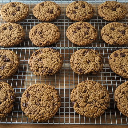 vegan steel oat Chocolate chip cookies cooling on a metal wire rack over a wooden surface.